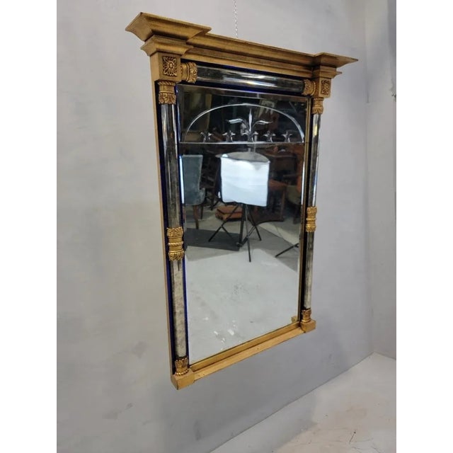 Traditional Vintage Empire Federal Style Gilt Beveled Mirror With Cobalt Blue Trim For Sale - Image 3 of 9