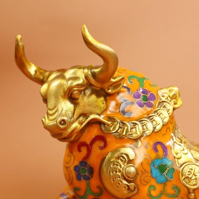 Late 20th Century Gilt Bronze Cloisonné Enamel Ox Figure With Coin Motif For Sale - Image 9 of 9