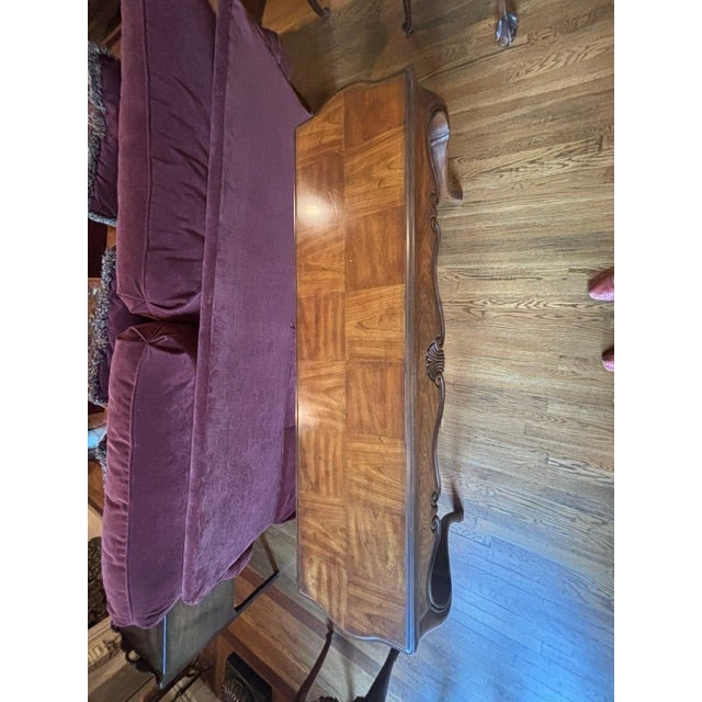 Heritage Heritage Furniture Walnut Console Table With Matching Upholstered Settee For Sale - Image 4 of 4
