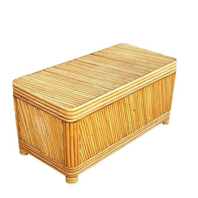 Yellow Restored Mid-Century Split Reed Rattan & Pine Trunk W/ Brass Paktong Latch For Sale - Image 8 of 13