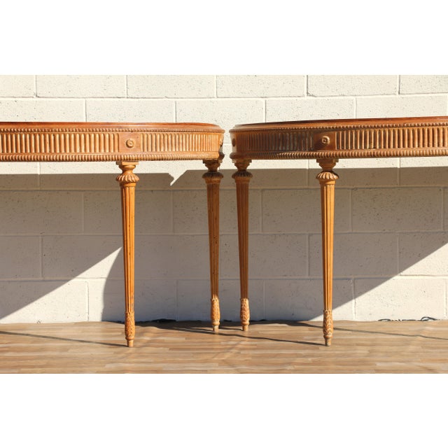 Hollywood Regency Antique 1920s Neoclassical Carved Fruitwood Demi-Lune Console Tables - Pair For Sale - Image 3 of 18