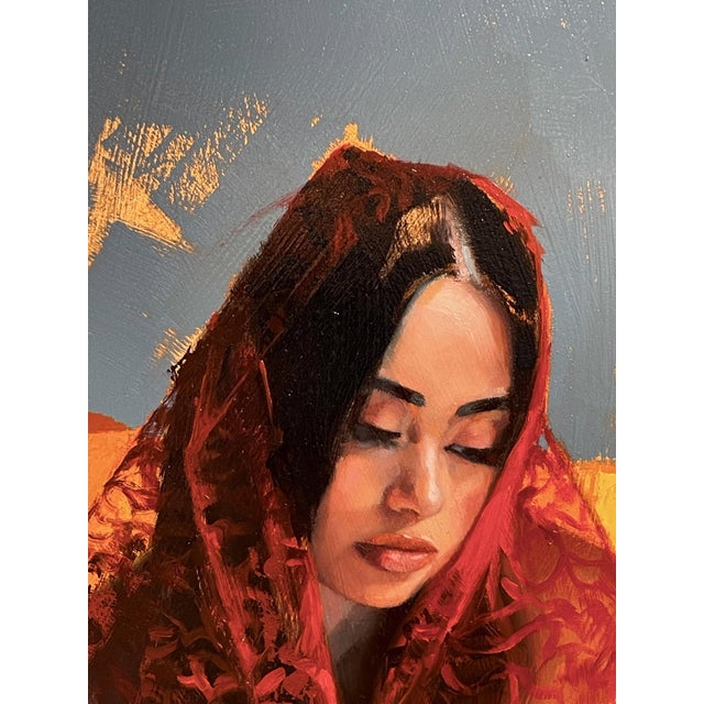 2010s Dreamer by Ryan Morse | Oil on Board Portrait of a woman seated in a chair with a red shawl. For Sale - Image 5 of 5