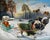 This oil painting features two charming pugs dressed in winter coats, pulling a sled adorned with pumpkins across a snowy...
