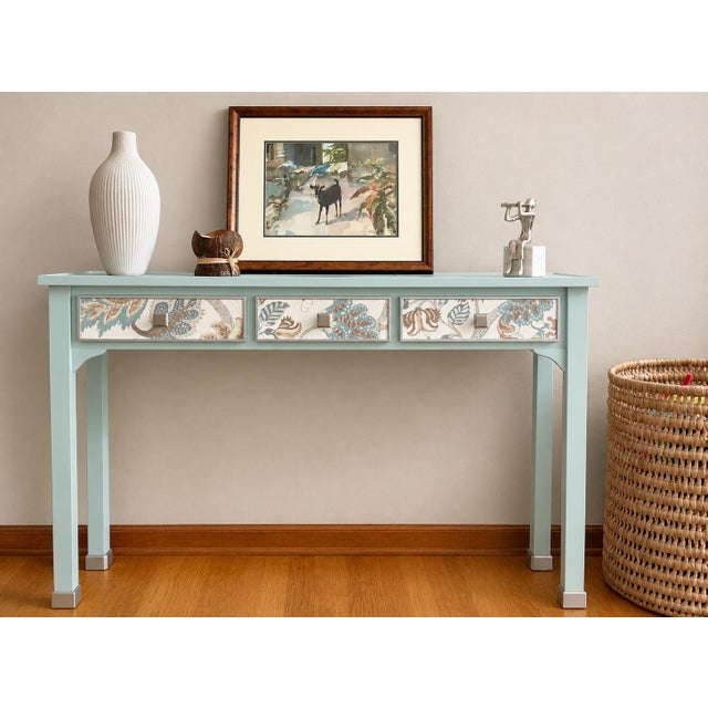 French Country One-of-a-Kind Hand Painted Console Table | Entryway Table | Blue Console | Fabric Drawer Fronts | Cottage Luxe | French Country For Sale - Image 3 of 9
