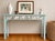 French Country One-of-a-Kind Hand Painted Console Table | Entryway Table | Blue Console | Fabric Drawer Fronts | Cottage Luxe | French Country For Sale - Image 3 of 9