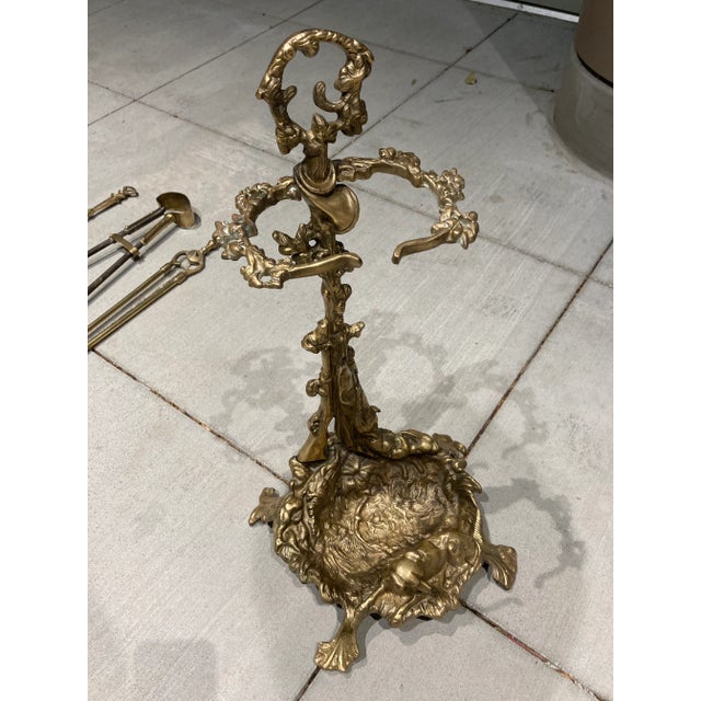 French Brass Fireplace Tool Set “Hunting Motif” - 4 Pieces For Sale - Image 9 of 13