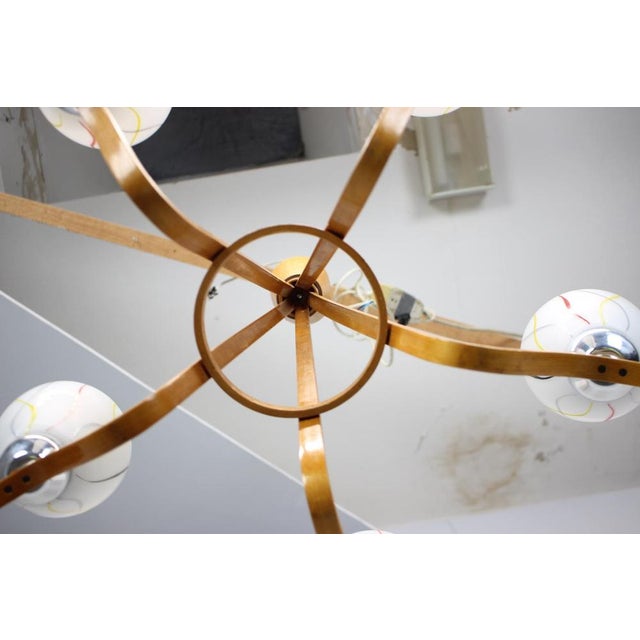 Mid-Century Wooden Chandelier with Glass Shades, Czechoslovakia, 1970s For Sale - Image 6 of 14