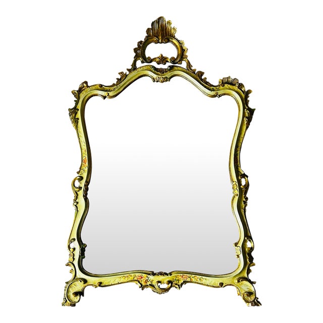 Antique Rococo Style Carved Wood Gilt & Floral Decorated Venitian Mirror For Sale