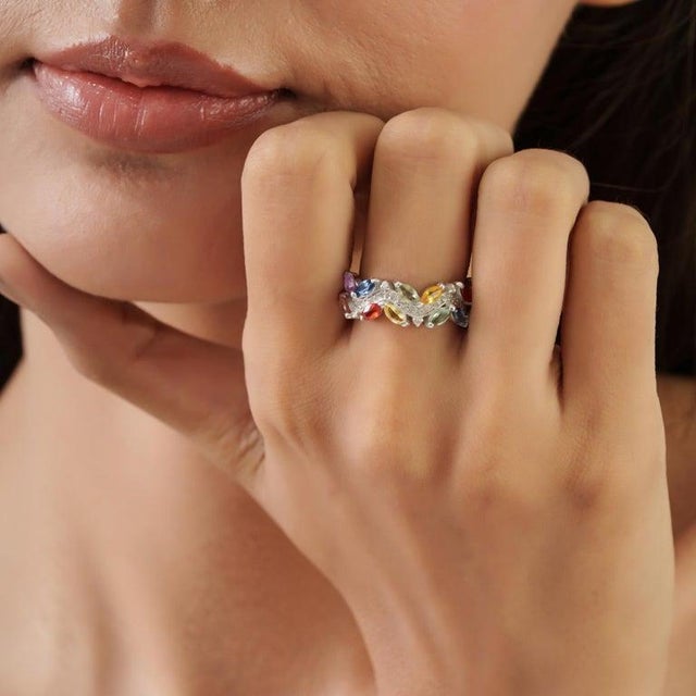 Nature Inspired Multi-Sapphire Leaf & Diamond Cluster Ring in Sterling Silver, Us Size 7.5 For Sale - Image 6 of 16