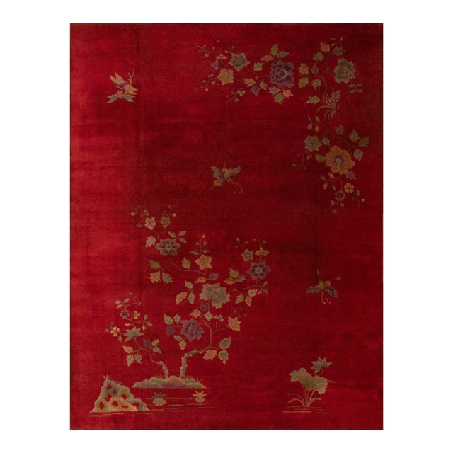 1920s Ruby Red Floral Antique Chinese Art Deco Carpet 9' X 12 Knotted Wool Rug For Sale