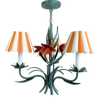 Vintage 1970s Italian Flower Tole Three Arm Chandelier For Sale