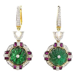 0.32 Carat Rose Cut Diamond Emerald Ruby Gold Earrings, Pair For Sale