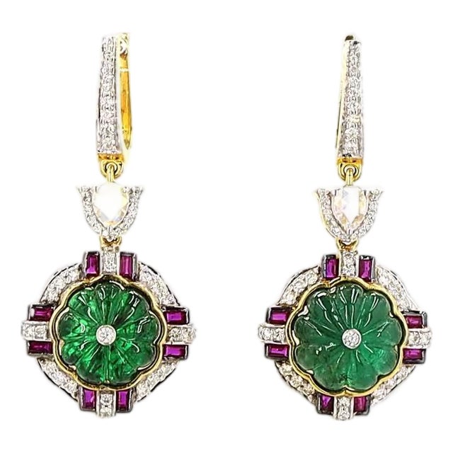 0.32 Carat Rose Cut Diamond Emerald Ruby Gold Earrings, Pair For Sale
