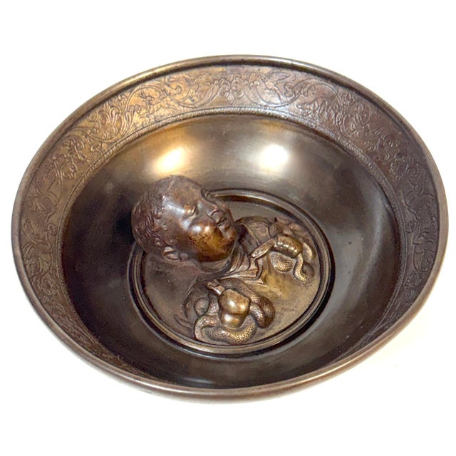 Brown Grand Tour Patinated Metal Bowl after Hildesheim Depicting the Infant Hercules For Sale - Image 8 of 13