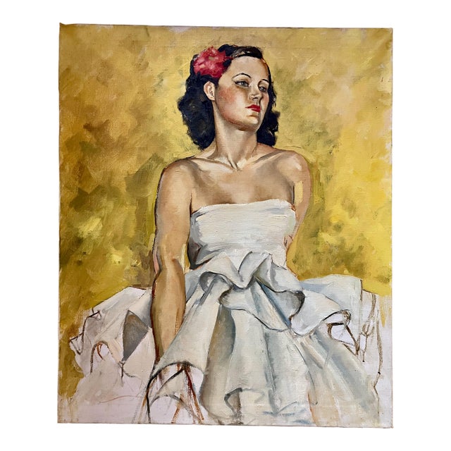 Gorgeous Mid-Century Colorful Portrait of a Woman in White With a Flower in Her Hair For Sale