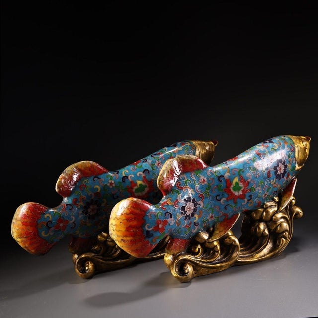 Late 19th Century Late 19th Century Pair of Cloisonné Enamel Gilt Bronze Fish Figures, 5800g Total, Qianlong Mark For Sale - Image 5 of 10