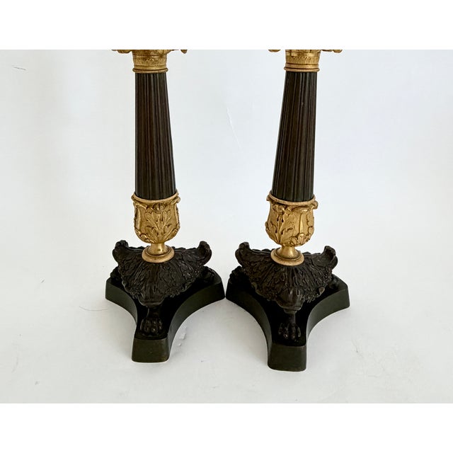 19th C French Charles X Gilt & Patinated Bronze Candlesticks - A Pair For Sale - Image 9 of 14