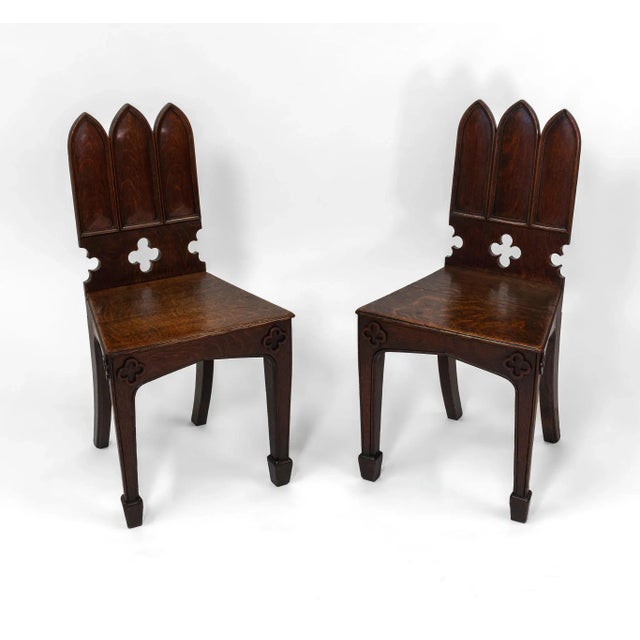 English Regency Gothic Revival Oak Hall Chairs, 1830s, Set of 2 For Sale - Image 4 of 18