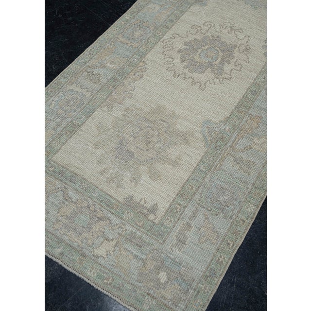Modern Turkish Oushak Runner Rug Green, Taupe & Blue Handwoven Wool Rug 2'11" X 10'4" For Sale - Image 3 of 10