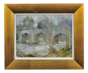 Anthony Morris, Llangynidr Bridge Over the River Usk, Wales in Winter, 1990s, Oil on Board, Framed