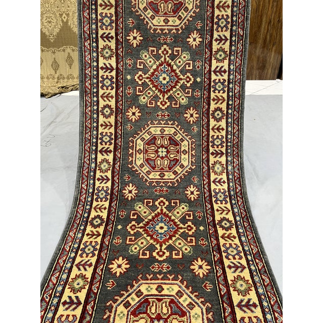 Charcoal Gray, Cream and Red Kazak Wool Runner Rug, 2'8" X 13' For Sale - Image 4 of 16