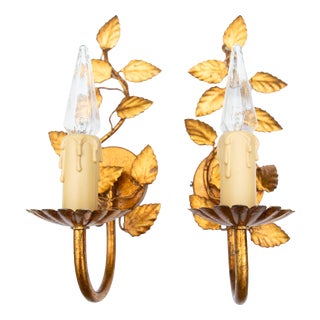 Italian Gilt Metal Leaf Wall Sconces, 1970s, Set of 2 For Sale