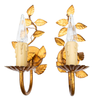 Italian Gilt Metal Leaf Wall Sconces, 1970s, Set of 2