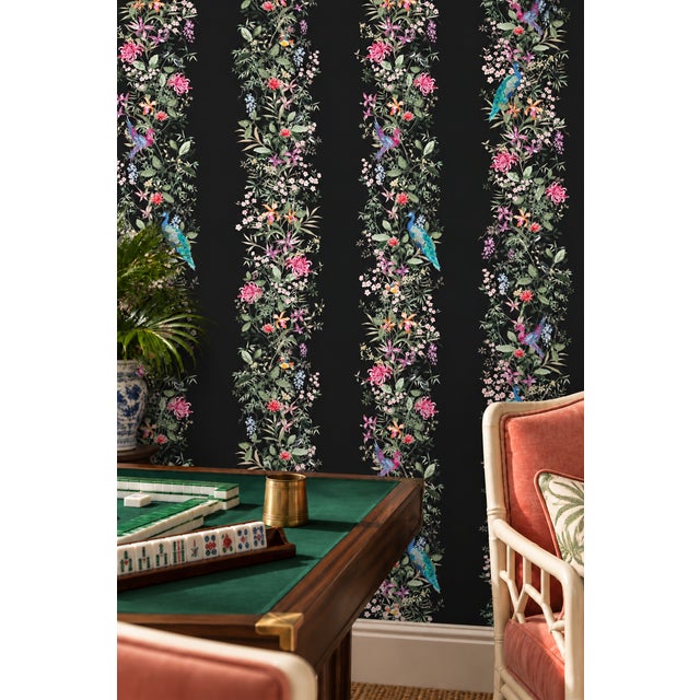 Not Yet Made - Made To Order Mahjong Floral Stripe Grasscloth Wallpaper by House Party | Blank Black | 6 Yards For Sale - Image 5 of 11