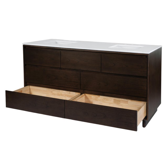 2020s Halmstad 72 in. W Rectangular Wood Double Sink 5 Drawer Bathroom Vanity Set, Walnut For Sale - Image 5 of 11