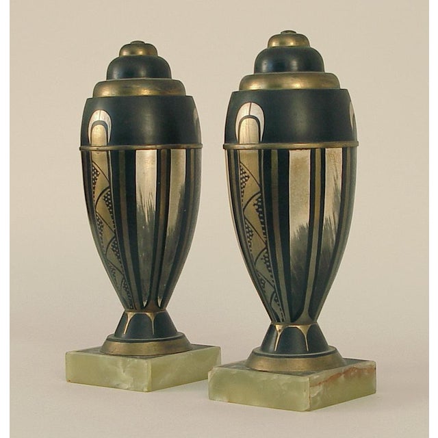 Art Deco Pair of 1920s French Art Deco Garnitures, Marble & Onyx Bases For Sale - Image 3 of 5