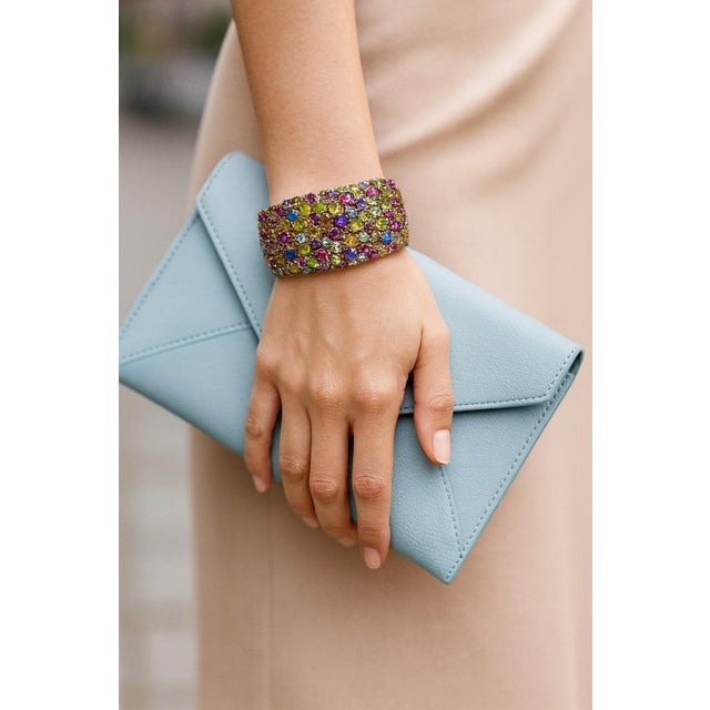 Bochic “Capri” Vintage Sapphire & Multi Gem Bangle Set In 18K Gold & Silver For Sale - Image 9 of 12