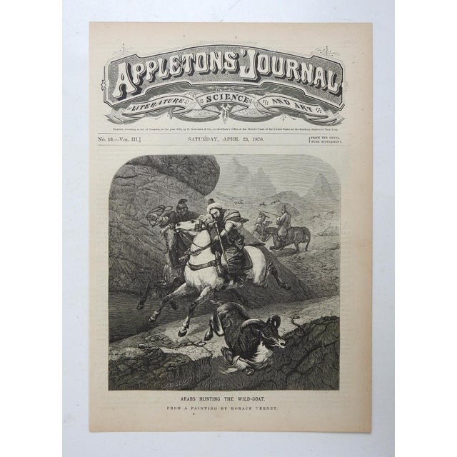 1870 engraving on tan paper of Arabian horse and rider hunting mountain goat. Published by Appletons' Journal, New York....