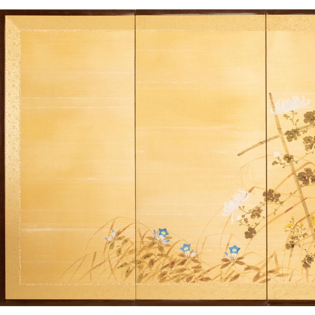 Lovely Japanese 4-panel painted silk Byobu (folding screen) "Tit and Chrysanthemums", signed and sealed by artist....