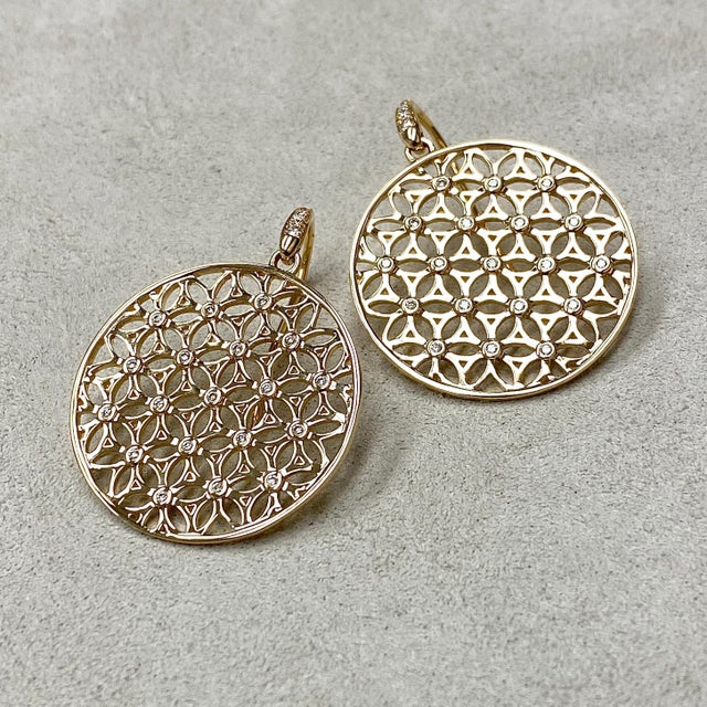 Contemporary Syna Yellow Gold Flower of Life Earrings with Diamonds, a Pair For Sale - Image 3 of 6