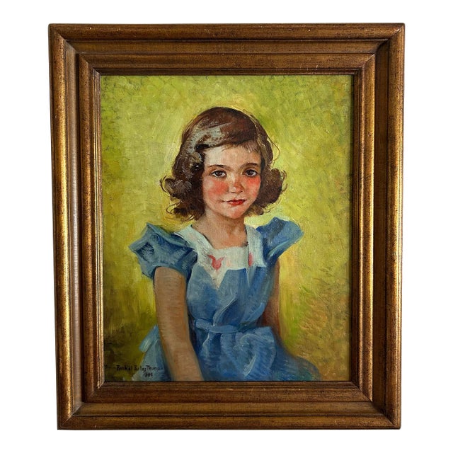 1940 Framed Portrait of a Young Girl in Blue Dress Signed ‘Rachel Bulley Trump’ For Sale