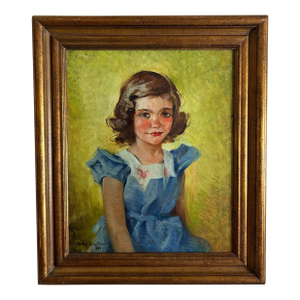 1940 Framed Portrait of a Young Girl in Blue Dress Signed ‘Rachel Bulley Trump’