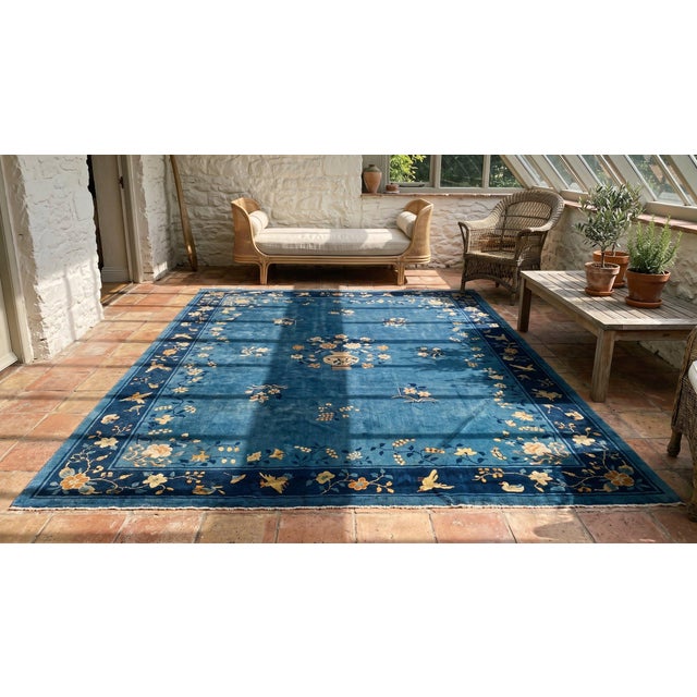 Brilliant Blue and Ivory Color With Delicate Florid Antique Chinese Peking Rug For Sale - Image 9 of 10
