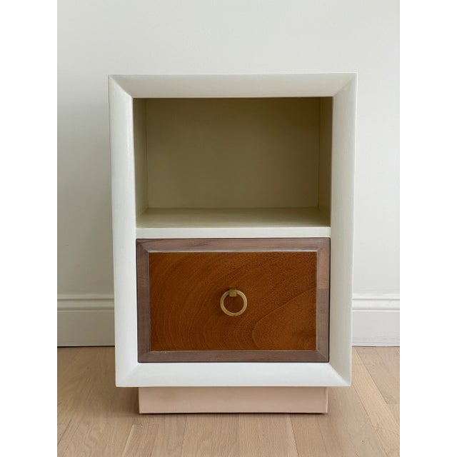 1950’s Nightstand designed by T.H.Robsjohn-Gibbings for Widdicomb. Milk white, blond and cerused finish nightstand. Hand...