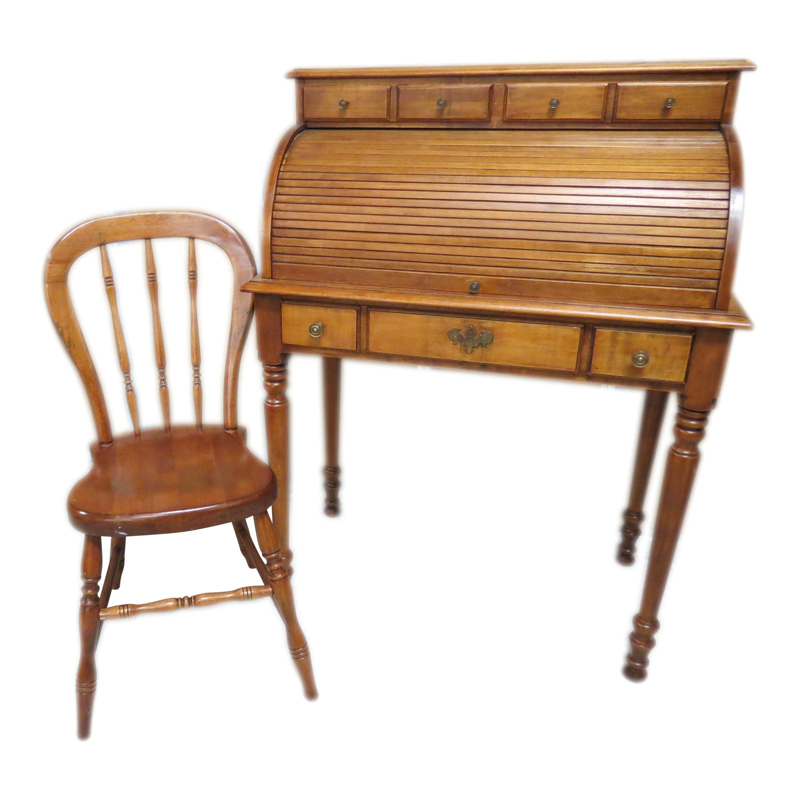 20th Century Traditional Tell City Young Republic Solid Rock Maple Roll Top Desk and Balloon