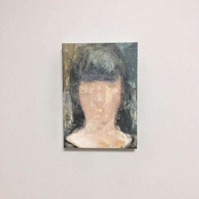 This oil on canvas painting features a central figure whose identity is obscured, creating an air of mystery and...