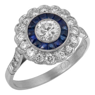 Early 20th Century Art Deco Inspired Diamond Sapphire Cluster Platinum Ring, Size 6.5 For Sale