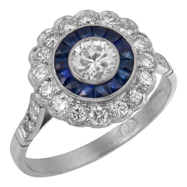 Early 20th Century Art Deco Inspired Diamond Sapphire Cluster Platinum Ring, Size 6.5 For Sale