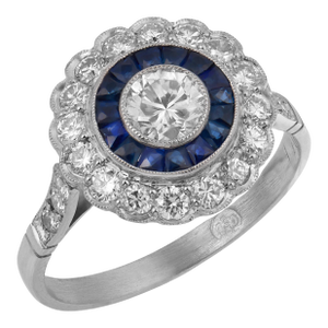 Early 20th Century Art Deco Inspired Diamond Sapphire Cluster Platinum Ring, Size 6.5