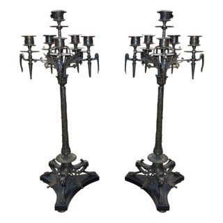 Pair of Late 19th Century French Bronze Candelabras on Black Marble Bases For Sale
