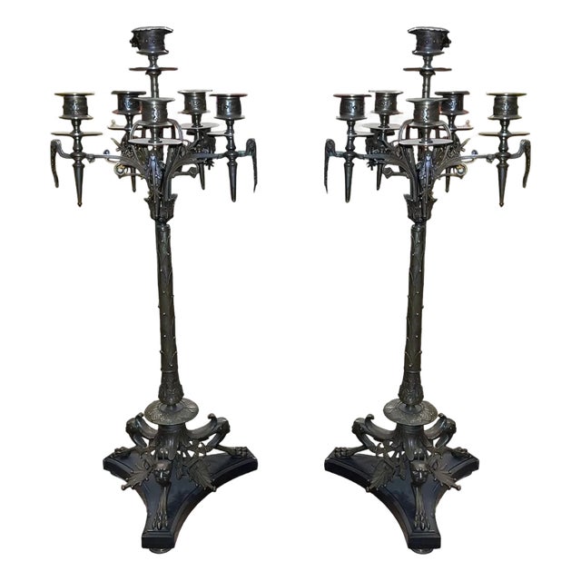 Pair of Late 19th Century French Bronze Candelabras on Black Marble Bases For Sale
