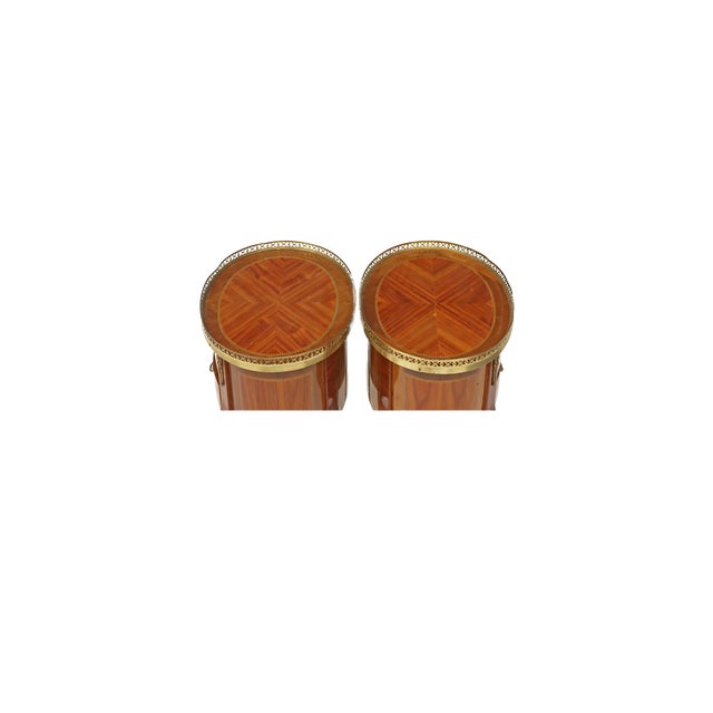 Pair of French Louis XVI-Style Marquetry Bedside Tables With Brass Gallery For Sale - Image 4 of 5