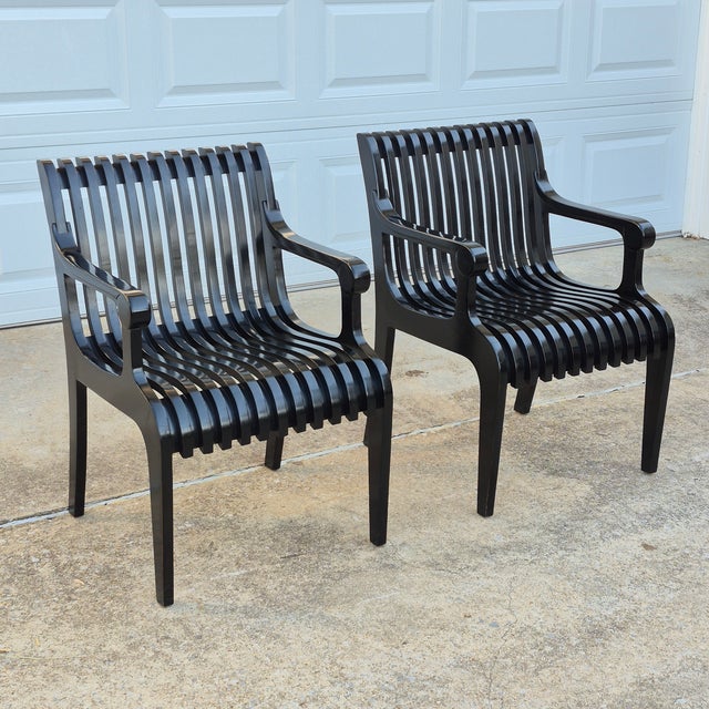 Mid-Century Modern 1990s Thonet Style Black Lacquered Sculptural Wood Slatted Arm Chairs, a Pair For Sale - Image 3 of 18