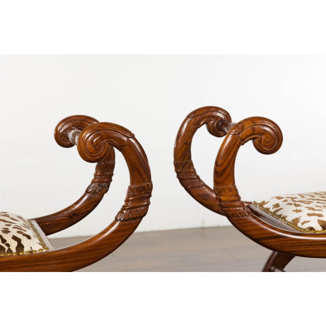 Pair of English Regency Carved Mahogany 19th Century Stools with Scrolling Arms For Sale - Image 11 of 12