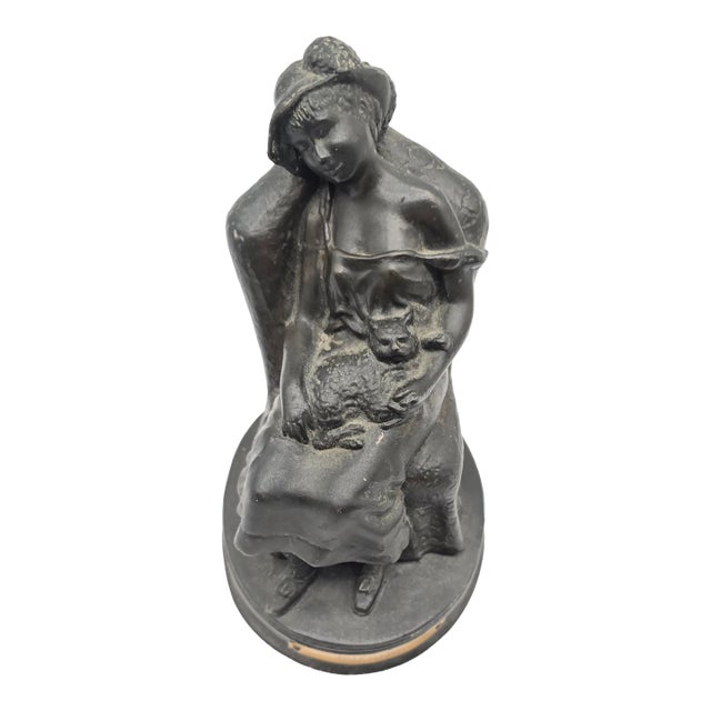 Mid 20th Century H. Kalish Fille Et Chat Girl Woman Lady With Cat Bronze Statue For Sale