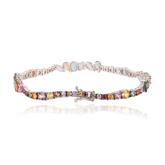 Boho Chic 10.97ct Mixed Cut Multicolor Sapphire Tennis Bracelet in 18k Gold, 7.5 Inches For Sale - Image 9 of 18